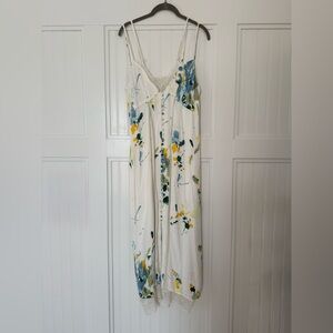 Anthropologie Sexy White Slip Dress with Blue & Yellow Floral Accents